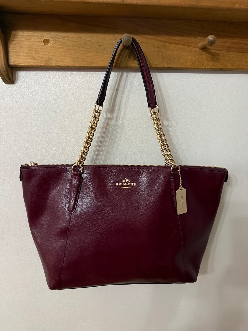 COACH Wine Leather Tote with Gold Chain Handles
